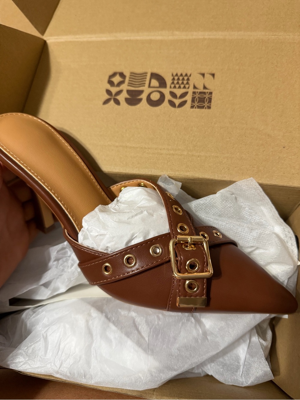 Brown Pointed Toe Mule with Gold Buckle Size 6